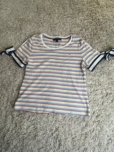 TOMMY HILFIGER Striped Shirt Top Ribbons Open Sleeves w/Bow - Picture 1 of 11