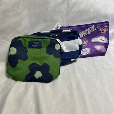 Juego de 3 bolsas de maquillaje Clinique nuevas verdes azules blancas moradas Foto 1 de 4