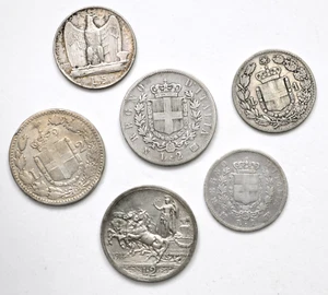 ITALIA REGNO D'ITALIA 3 RE Lotto 6 monete da 1 Lira 2, 5 Lire - Argento - Foto 1 di 2