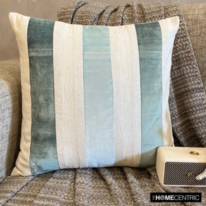 Blue Velvet Striped And Linen Throw Pillow Cover - Velvet Band Ice - Picture 1 of 13