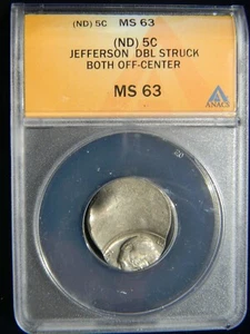 NO DATE JEFFERSON NICKEL 5C, DOUBLE STRUCK 80% AND 99% OFF CENTER, ANACS MS-63 - Picture 1 of 2