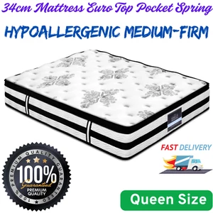 Giselle Bedding Mattress Euro Top Pocket Spring Queen Size 34cm Medium-Firm - Picture 1 of 9