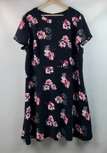 Talbots Kleid Blumenmuster schwarz bunt Rundhals Kurzarm Reißverschluss hinten gefüttert Gr. 16W - Bild 1 von 8