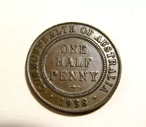 Australia 1938 1/2 Penny Coin - Picture 1 of 6