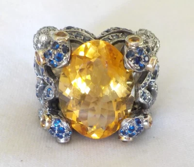 Anillo JUMBO Diamante Zafiro Citrino Cabeza Serpiente Oro Blanco 18K - 20,4 gms, Talla 5 Foto 1 de 4