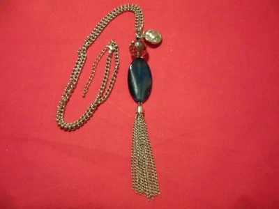 Collar de cuentas de vidrio de ágata azul en acero inoxidable-28-30 pulgadas Foto 1 de 4