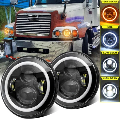 2x For Freightliner Century Class 7" Round LED Headlights White DRL Turn Signal - Image 1 of 4