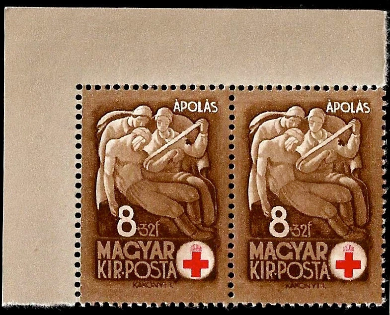 Par de dos estampillas como nuevas de la Cruz Roja Hungría de 1942 soldado herido enfermera Foto 1 de 1