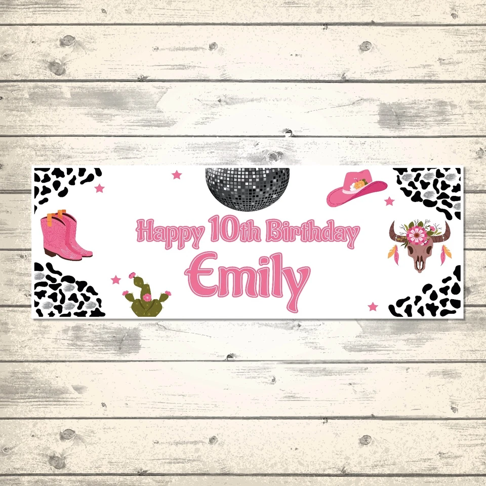 5 STAR BANNERS 2 PERSONALISED COWGIRL BIRTHDAY BANNERS