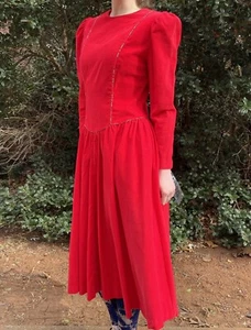 Vintage NOS Melissa Red Dress Marked Women's 8 Corduroy Drop Waist Modest USA - Picture 1 of 24
