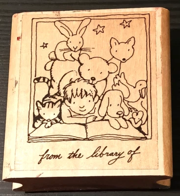 Carimbo de borracha Aliki Brandenberg 1984 menino lendo com animais RARO - Imagem 1 de 4