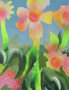 Signed Helena Garza painting dayglo flowers daffodils 8x10” Mexican artist - Picture 1 of 15