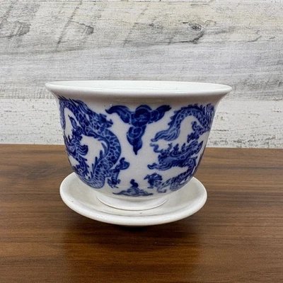 Tigela de dragão vintage chinesa azul porcelana azul cobalto com base 3,5" diâmetro - Imagem 1 de 4