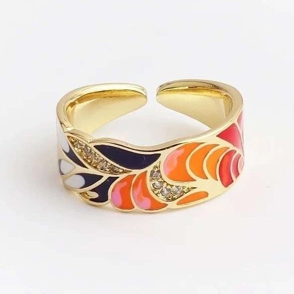 Anillo Ajustable Floral Esmalte Tono Dorado Mujer Colorido Naranja Rojo Negro Foto 1 de 1