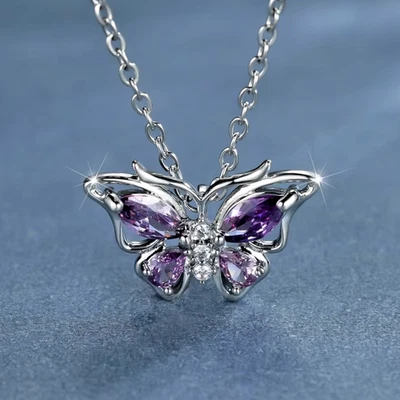 Lila Kristall Stein Schmetterling Anhänger Halskette Silber Farbe Schmuck Liebe - Bild 1 von 2