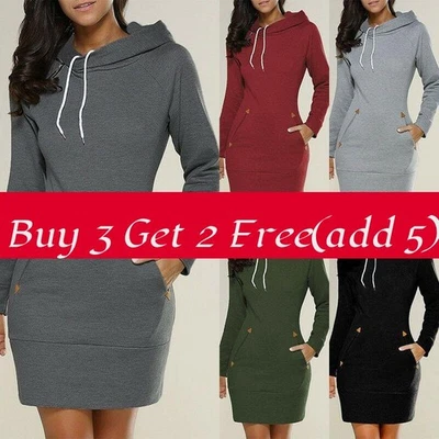 Womens Hooded Mini Dress Casual Long Sleeve Sweatshirt Jumper Slim Fit With - Image 1 of 4