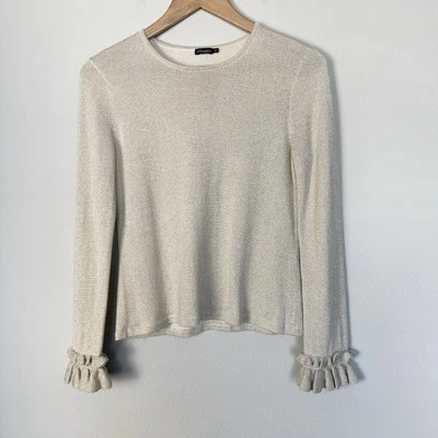 Blusa de malha J McLaughlin dourada cintilante babado tamanho XS festa glam cintilante feminina - Imagem 1 de 4