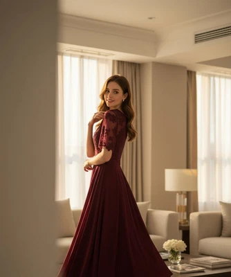 Burgundy Lace-Sleeve Fit & Flare Dress – Size 8 – Brand New Without Tags - Image 1 of 2