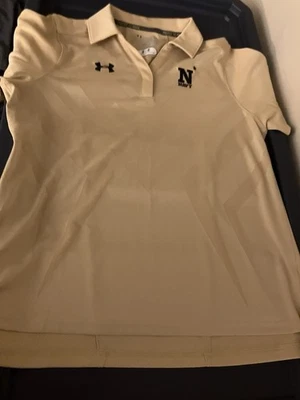 GO NAVY!!!!!  Camisa polo Under Armour para mujer L AZUL MARINO en la parte delantera equipo térmico beige   Foto 1 de 4