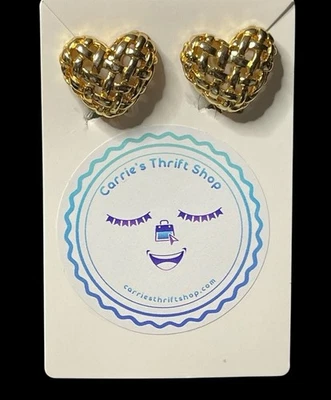 80 年代复古心形篮子编织金色 1 英寸夹子坚固耳环二手状况完好华丽 — 第 1/4 张图片