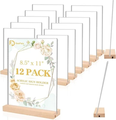12 Pack Acrylic Sign Holder 8.5 x 11, Wood Base, Straight or Slant, Table Top - Image 1 of 4