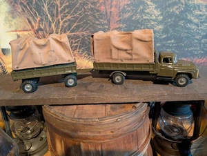 Vintage Japan Tin U.S. Army Truck & Trailor with Canvas Green Military Friction - Picture 1 of 18