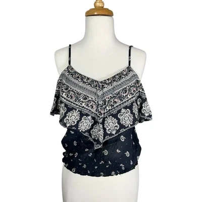 Camiseta sin mangas campesina American Eagle con volantes delanteros negra talla S algodón Foto 1 de 4