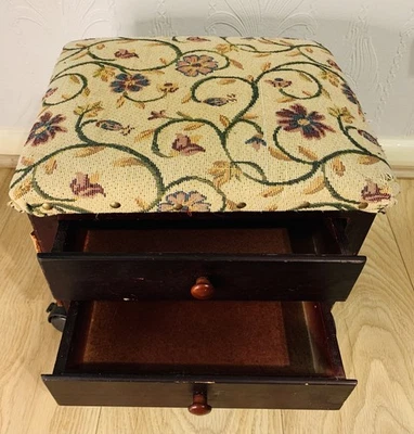 Vintage Mahogany Floral Tapestry Foot Stool on Castors with 2 Drawers  - Image 1 of 4