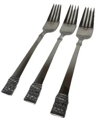 Oneida Brocade 18/8 SS 3 tenedores de cena brillantes nuevos en fundas de plástico Foto 1 de 4