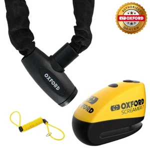 Oxford GP8 Motorcycle Chain & Lock 2.0 M & Screamer7 Alarm Disc Lock Yellow 7mm - Picture 1 of 9