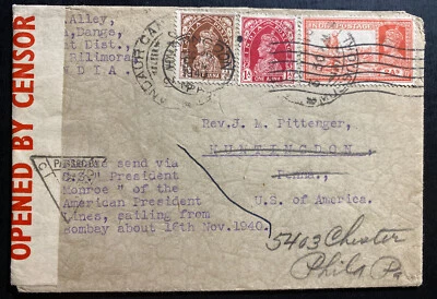 Mussorie India 1940 cubierta censurada a Huntington PA Estados Unidos por el presidente de las SS Monroe Foto 1 de 2