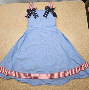 Bonnie Jean Little Girls Sundress Size 8 Blue Red White Button Up Ties In Back - Picture 1 of 6