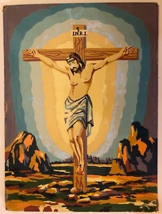 Art: Religious Antique Paint By Number Jesus on Cross Painting from 1955 Used - Picture 1 of 4