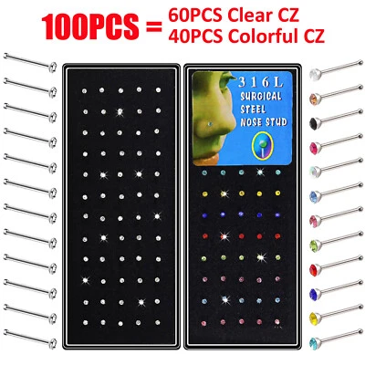 100 PIEZAS Gemas Circonita cúbica Nariz Recta Hueso Anillos Acero Quirúrgico Nariz Anillo 2MM 20G Foto 1 de 4