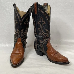 Larry Mahan Womens Sz 4.5 B Black Brown Lizard Western Cowboy Boots 3963 Leather - Picture 1 of 14