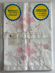 VTG Pair Belcrest’s Embroidered Pillow Cases Butterfly Pink Floral Percale - NEW - Picture 1 of 3