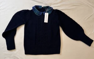 Janie and Jack Girl Size 5 Navy Knit Sweater With Green Plaid Cuff New - Picture 1 of 10