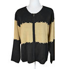 Crystal-Kobe Zip Front Cardigan Sweater Size L Black/Camel Whipstitch Deadstock