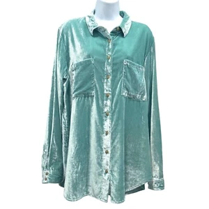 Pilcro Anthropolgie Crushed Velvet Mint Seafoam Button Down Shirt Womens Size 14 - Picture 1 of 11