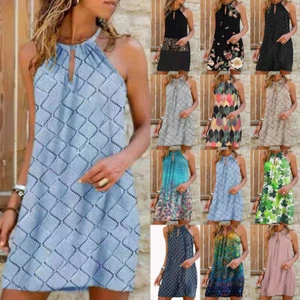Women Summer Loose Halter Neck Sleeveless Dress Print Casual Beach Slip Sundress - Picture 1 of 12