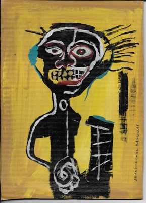 Auténtica FIGURA NEGRA Jean-Michel Basquiat 8" X 11" Pintura Sobre Papel Cartón Foto 1 de 4