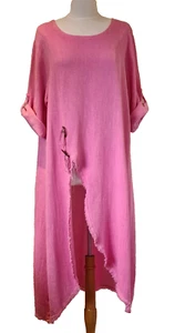 Italienisches Lagenlook Kleid Washed Leinen Mix geknöpft geschreddert Seitenschlitz One Size - Bild 1 von 14