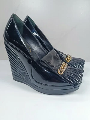 Zapatos de salón de cuña Saint Laurent Paris charol negro Myranda detalle de flecos 37 Foto 1 de 4