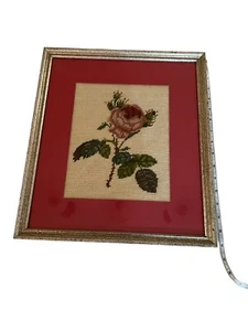 Vintage Single Pink Rose Needlepoint Art Silver-Tone Frame Rose Matte Elegant - Picture 1 of 5