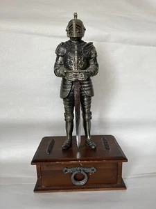Vintage Armored Guard Holding Letter Opening Sword Mounted On Vintage Box - Picture 1 of 16