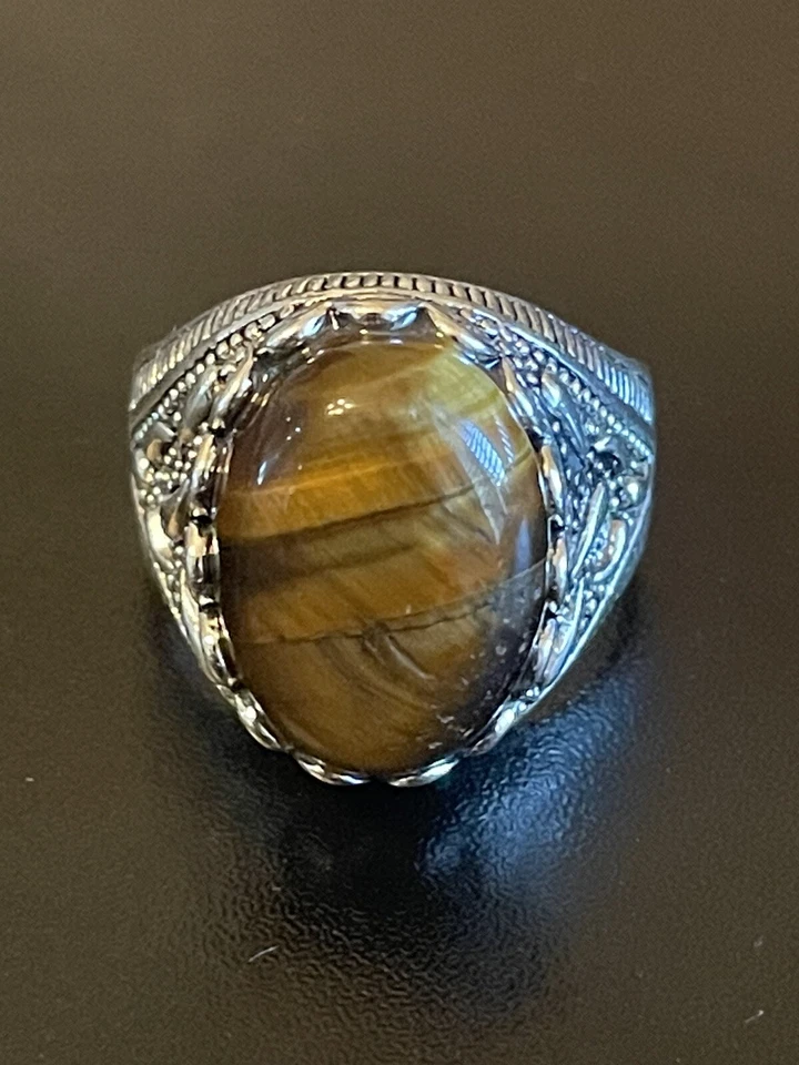Genial anillo llamativo ojo de tigre piedra S925 plateado para hombre talla 10 Foto 1 de 4