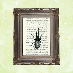 Book Page Art Print: Hercules Beetle on Vintage Arabic Text - Picture 1 of 2