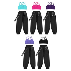 Kids Girls Tracksuit Outfit Hip-hop Crop Top With Pants Elastic Waistband Chain - Picture 1 of 52