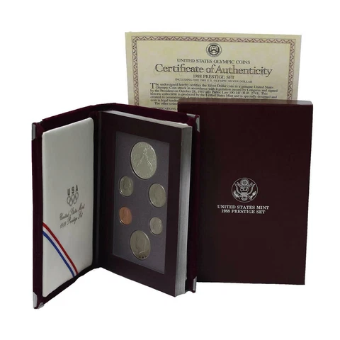1988 S Prestige Proof Set Olympics 90% Silver Dollar 6 US Coins Cover