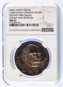 1928 Silver Karl Goetz Medal K #408 Count Von Zeppelin Graded by NGC as MS-63 - Picture 1 of 4